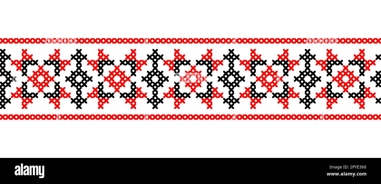 Ricamo ucraino bordo modello in rosso e nero. Pixel art, vyshyvanka, punto a croce. Popolo ucraino, modello di confine vettoriale etnico Illustrazione Vettoriale