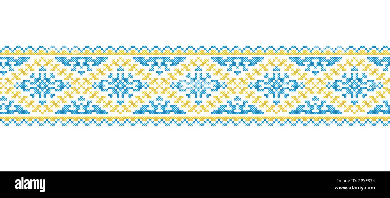 Ornamento vettoriale ucraino, confine, modello. Ricamo tradizionale ucraino di . Ornamento nei colori giallo e blu. Pixel art, vyshyvanka, croce Illustrazione Vettoriale