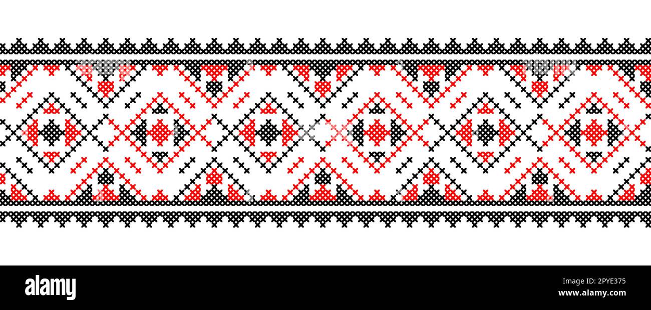 Ornamento vettoriale ucraino, confine senza giunture. Popolare ucraino, ricamo geometrico etnico. Ornamento nei colori rosso e nero. Pixel art, vyshyvanka Illustrazione Vettoriale