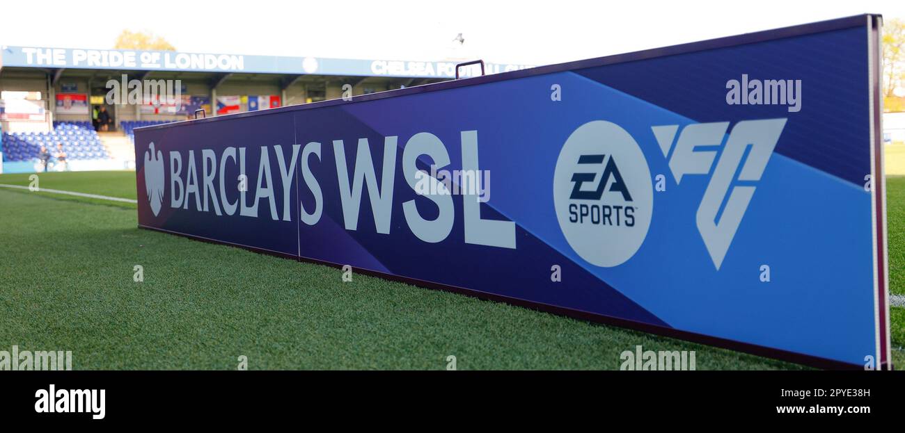 Londra, Regno Unito. 03rd maggio, 2023. Londra, Inghilterra, maggio 3rd 2023: Dettaglio del marchio EA FC prima della partita di calcio della Super League femminile di Barclays fa tra Chelsea e Liverpool a Kingsmeadow a Londra, Inghilterra. (James Whitehead/SPP) Credit: SPP Sport Press Photo. /Alamy Live News Foto Stock