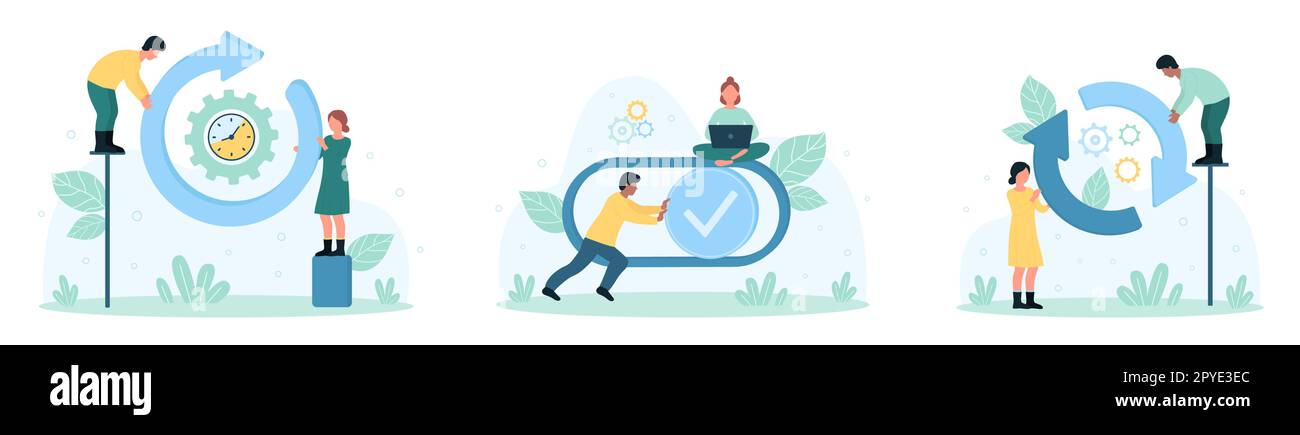 Ciclo di business, illustrazione del vettore del set di gestione. Cartoon persone minuscoli ricaricare il sistema con la freccia circolare e rinnovare il processo di nuovo, riavviare o aggiornare l'applicazione e ruotare il pulsante di scorrimento con gli sforzi Illustrazione Vettoriale