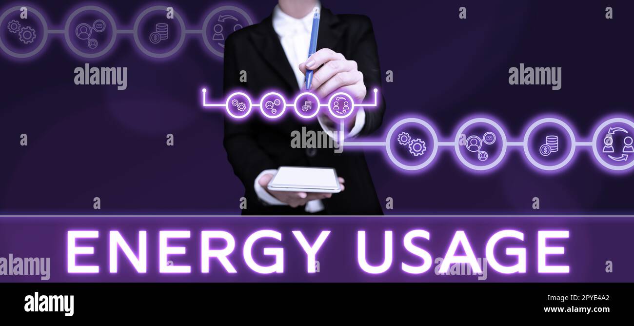Didascalia di testo che presenta l'utilizzo di energia. Parola scritta sulla quantità di energia consumata o utilizzata in un processo o sistema Foto Stock