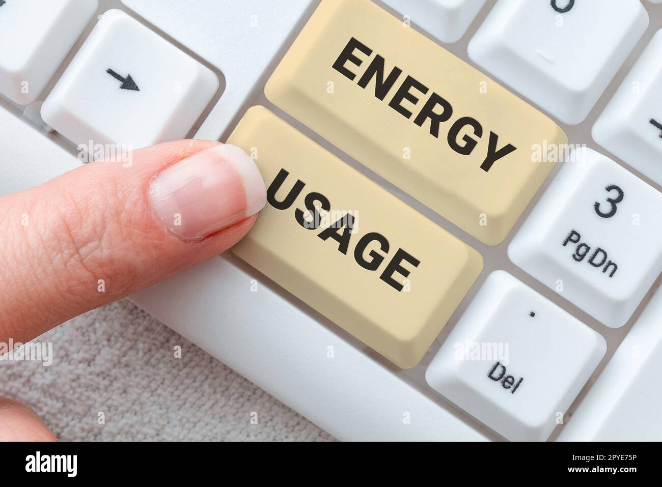 Simbolo di testo che mostra l'utilizzo di energia. Approccio aziendale quantità di energia consumata o utilizzata in un processo o sistema Foto Stock