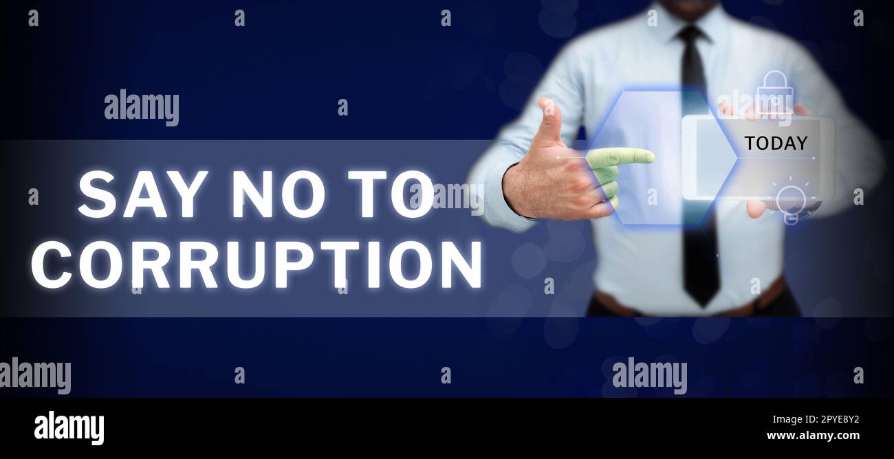 Testo scritto a mano dire No alla corruzione. Foto concettuale che introduce lo scambio di denaro decentralizzato Foto Stock
