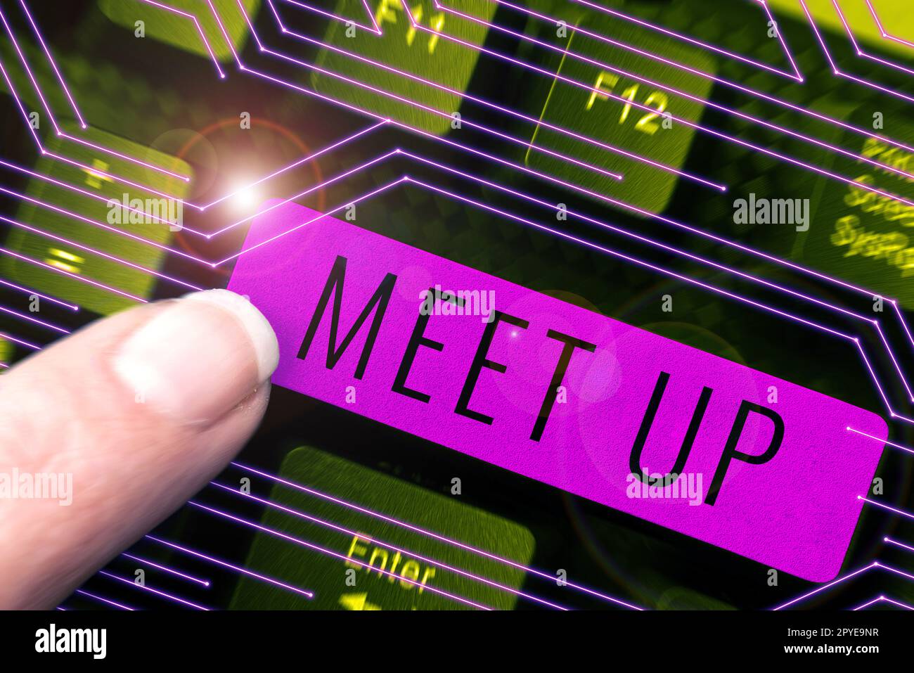 Scrittura visualizzazione testo Meet Up. Business idea riunione informale riunione di lavoro di gruppo discussione collaborazione di gruppo Foto Stock