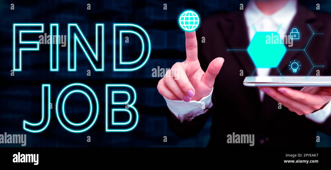 Didascalia concettuale trova lavoro. Concetto che significa un atto di persona per trovare o cercare lavoro adatto per la sua professione Foto Stock