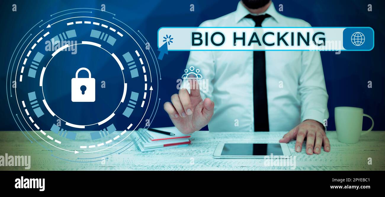 Cartello che mostra Bio Hacking. Parola per sfruttare sperimentalmente il materiale genetico senza riguardo agli standard etici Foto Stock