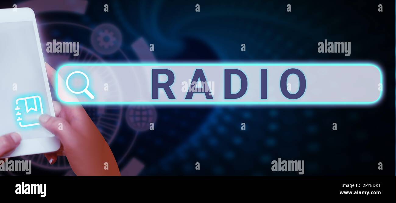 Didascalia di testo Presentazione radio. Panoramica aziendale trasmissione ricezione onde elettromagnetiche con messaggi sonori Foto Stock