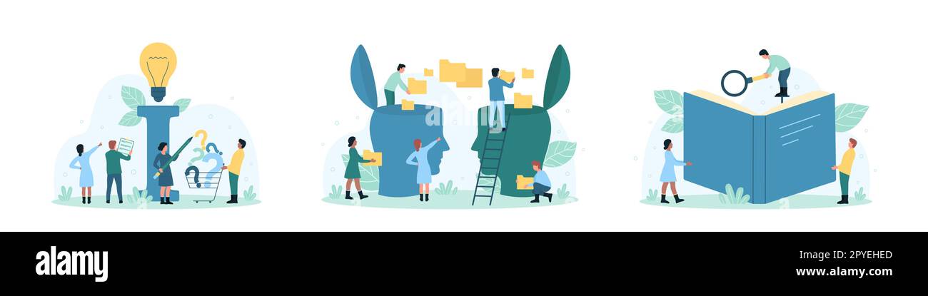 Conoscenza, ricerca e scambio di informazioni insieme di illustrazione del vettore. Cartoon persone piccole trasferire file di dati tra le teste umane, libro di studio con lente di ingrandimento, cercare le risposte alle domande Illustrazione Vettoriale