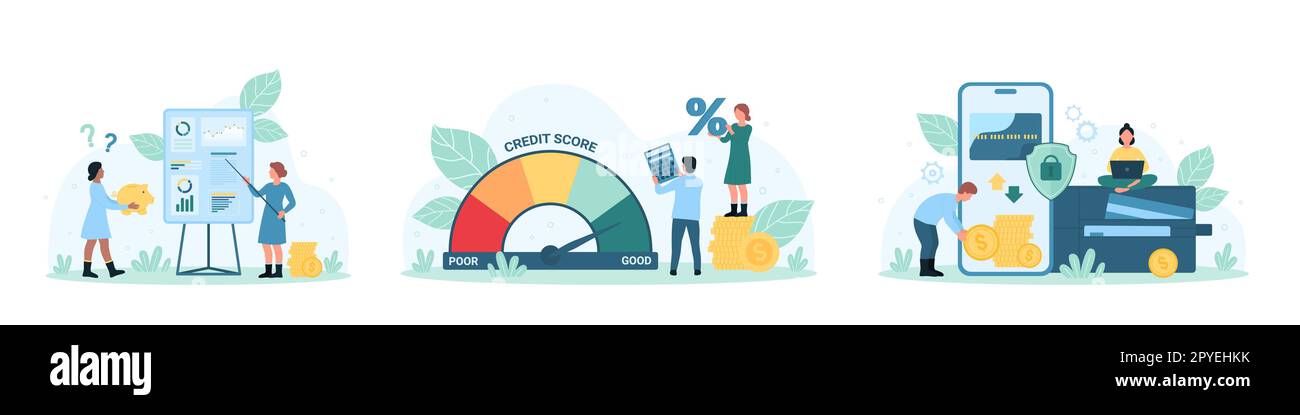 I rapporti finanziari impostano l'illustrazione del vettore. Cartoon persone piccole migliorare il livello di punteggio di credito, lavorare con la presentazione dei dati, trasferire e pagare denaro dal portafoglio elettronico e carta di credito sullo schermo del telefono Illustrazione Vettoriale