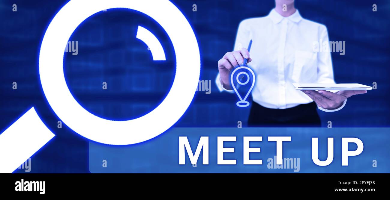 Scrittura visualizzazione testo Meet Up. Business idea riunione informale riunione di lavoro di gruppo discussione collaborazione di gruppo Foto Stock