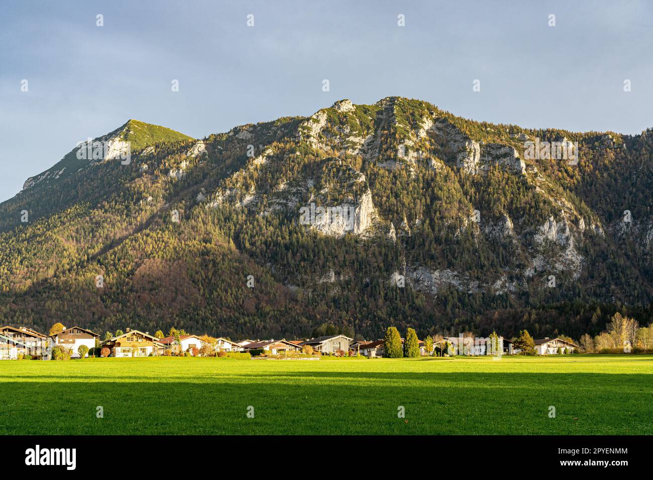 Catena montuosa massiccia, foresta e prati delle Alpi tedesche Foto Stock