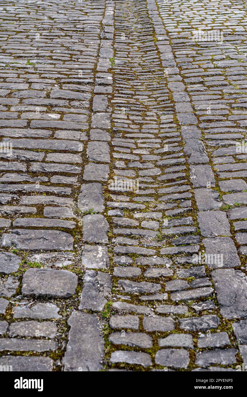 Strada con pietra di pavimentazione grigia attraverso la città storica Foto Stock