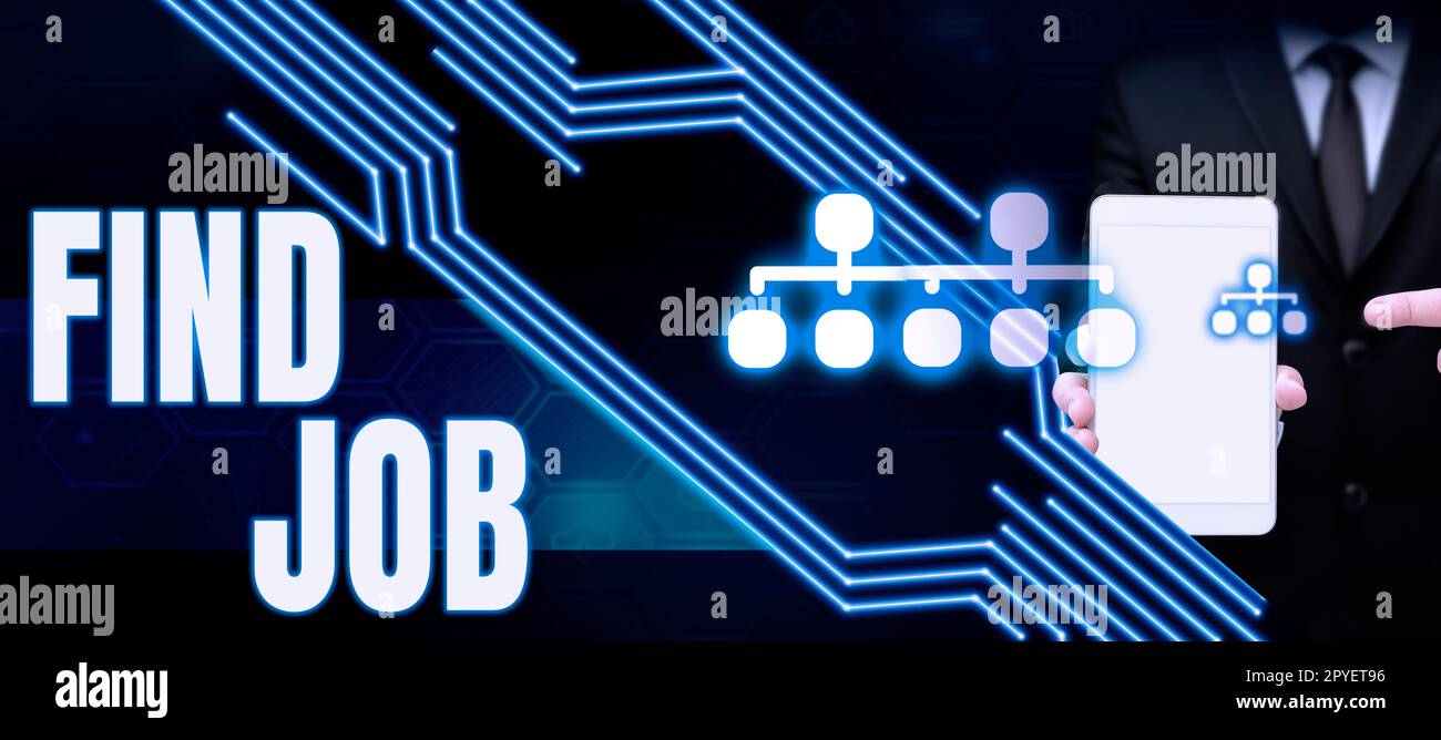 Segno di testo che mostra trova lavoro. Parola per un atto di persona per trovare o cercare lavoro adatto per la sua professione Foto Stock