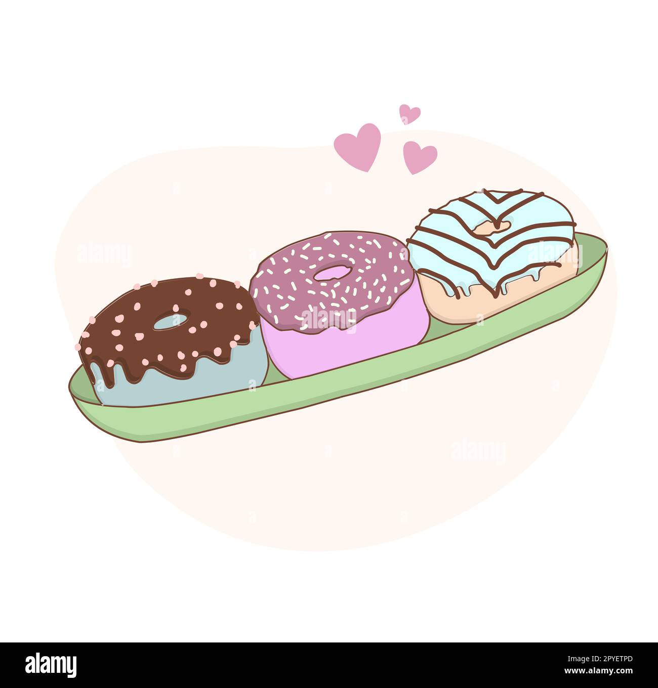 GIORNATA NAZIONALE DELLE CIAMBELLE. CIAMBELLE dolci glassate. Disegna divertenti illustrazioni vettoriali tradizionali di kawaii dolci americani. Cucina tradizionale americana, cucina e menu'. Doodle in stile cartone animato Foto Stock