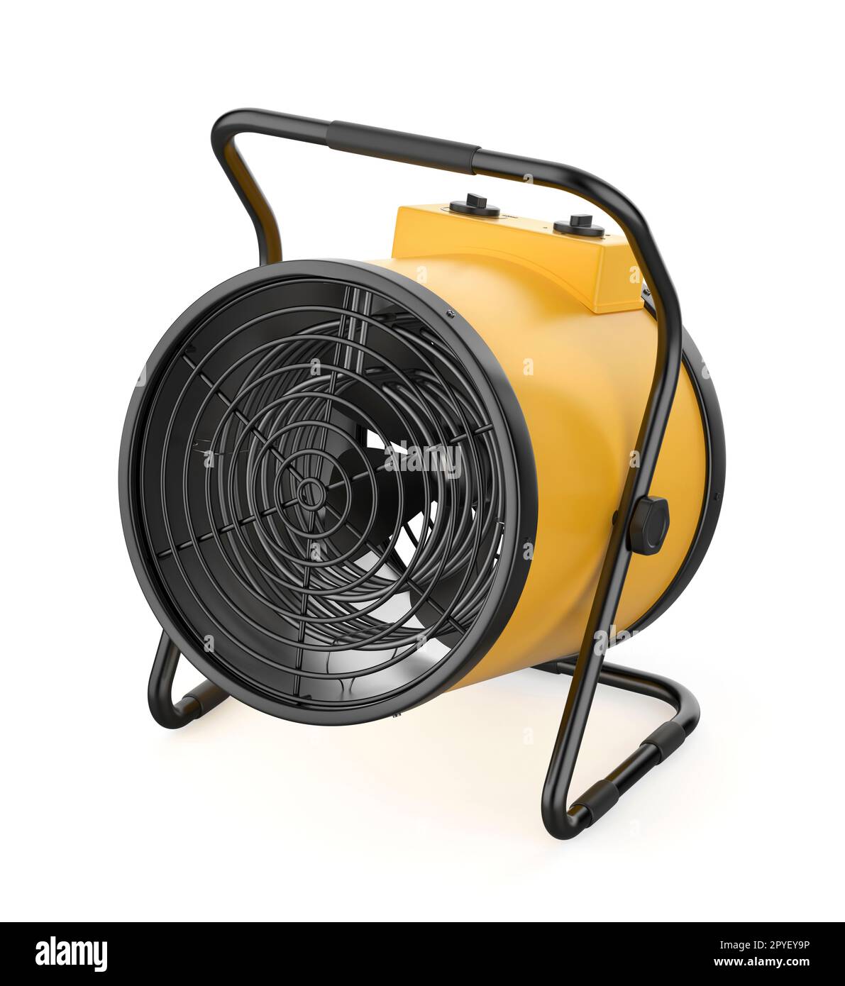 Riscaldatore a ventola elettrica a forma di cilindro giallo su sfondo bianco Foto Stock