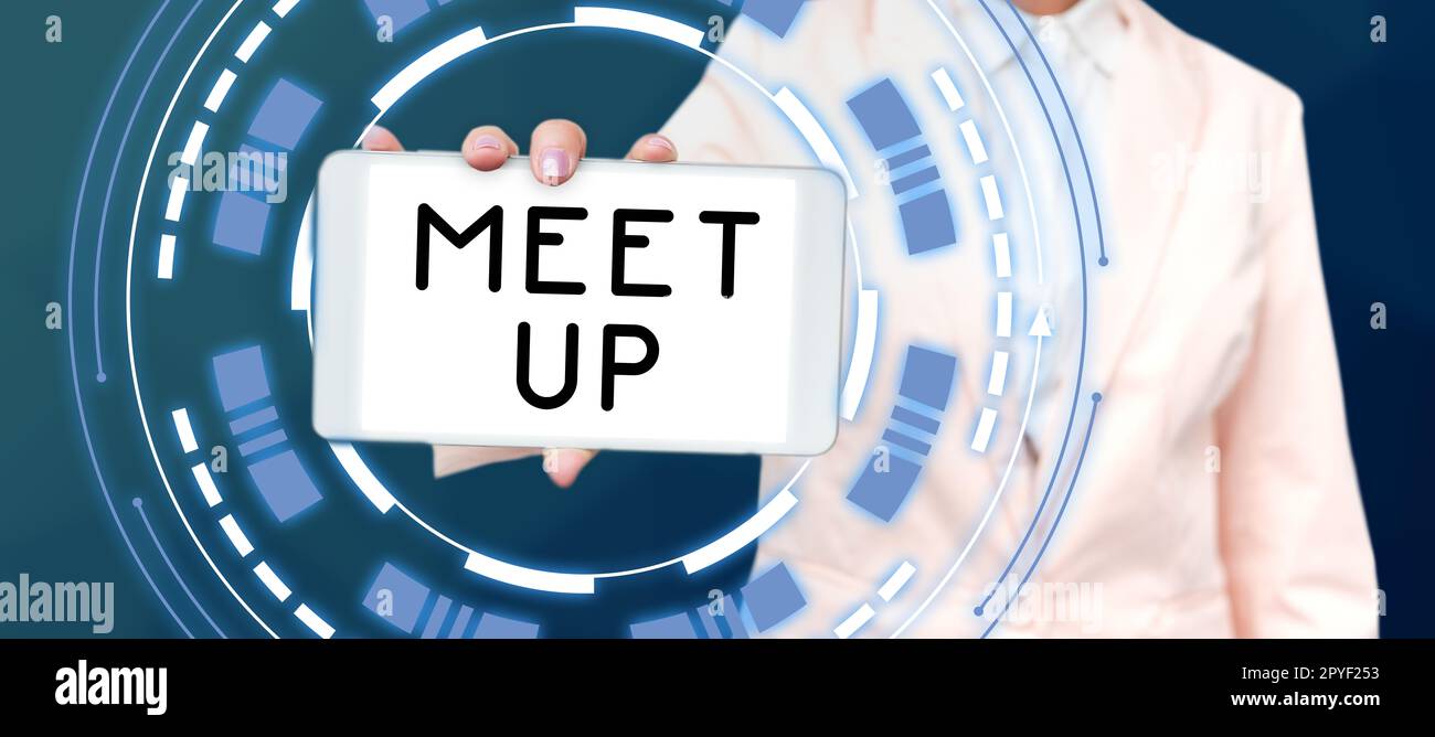 Testo che mostra l'ispirazione Meet Up. Parola per riunione informale riunione di lavoro di squadra collaborazione di gruppo di discussione Foto Stock