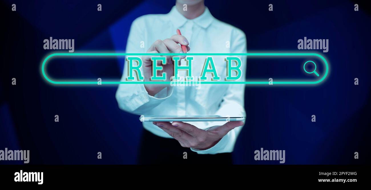 Didascalia concettuale Rehab. Parola scritta sul trattamento del corso per la dipendenza da alcool di droga tipicamente a residenziale Foto Stock