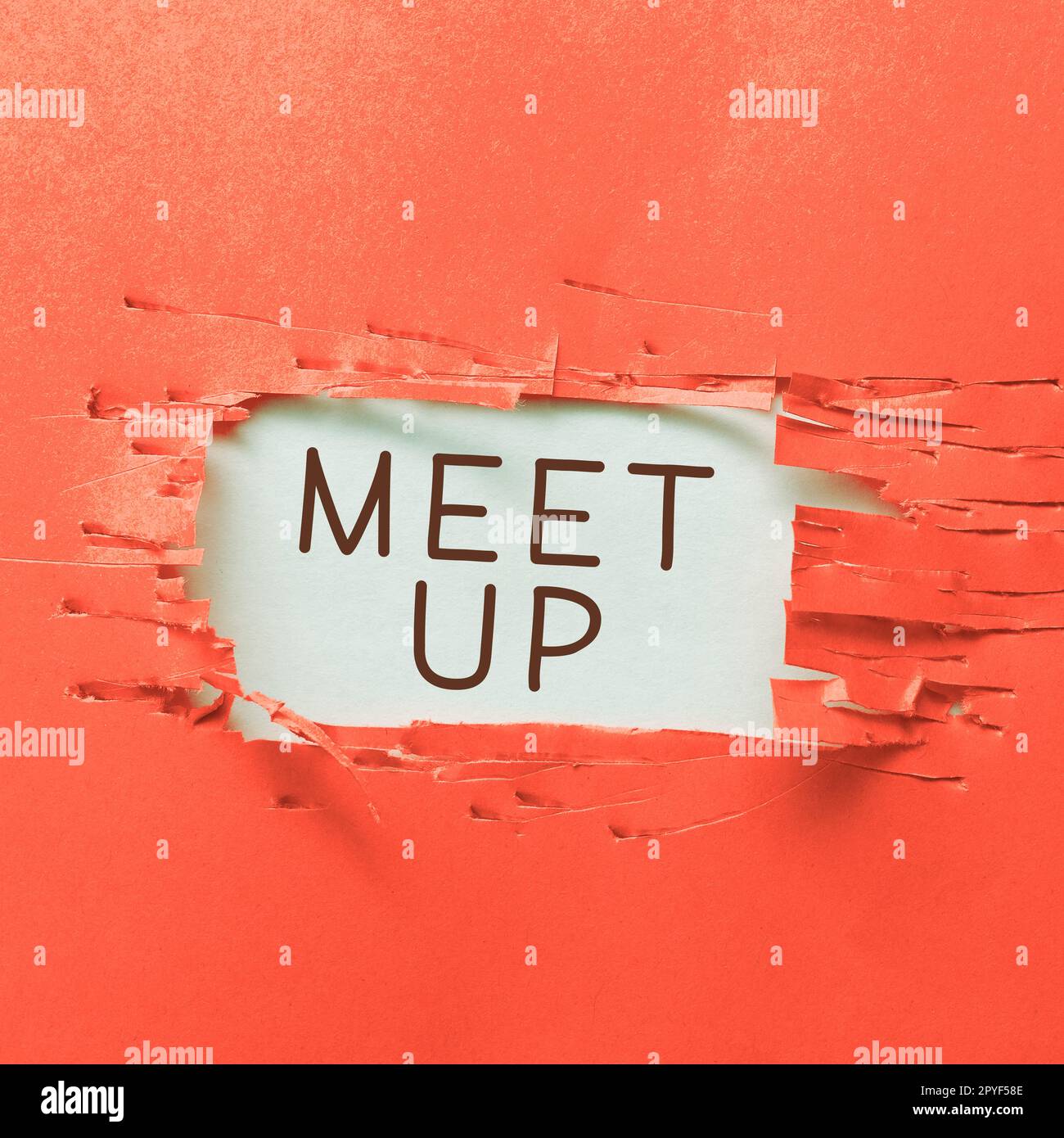 Scrittura visualizzazione testo Meet Up. Parola per riunione informale riunione di lavoro di squadra collaborazione di gruppo di discussione Foto Stock