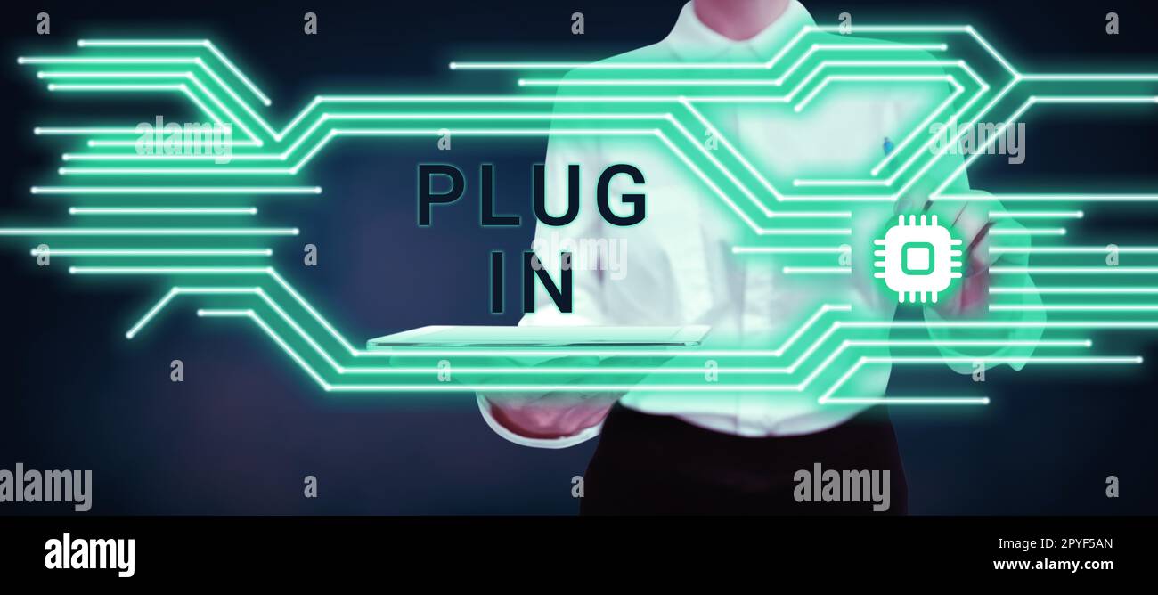Inspirazione che mostra il segno Plug-in. Concetto di Internet mettere il dispositivo in elettricità per accenderlo Power IT Connecting Foto Stock