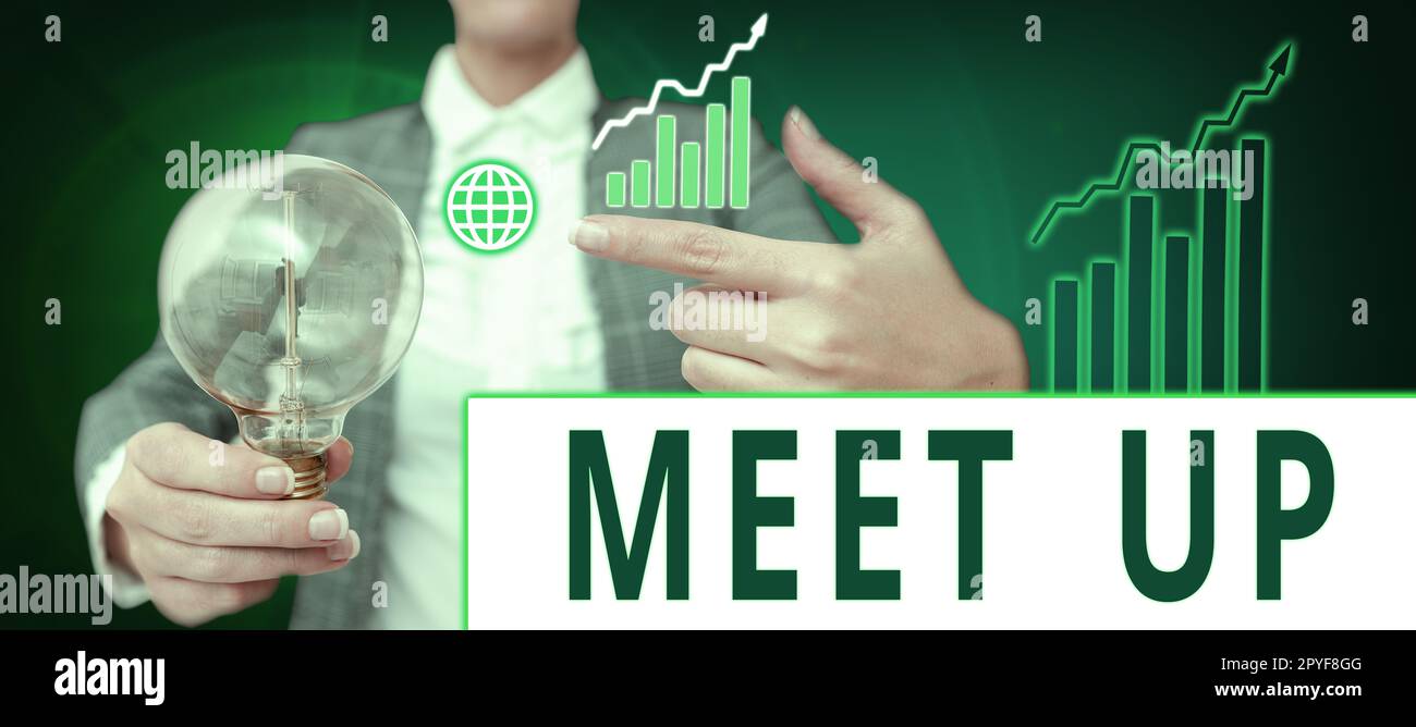 Cartello con la scritta Meet Up. Parola scritta sulla riunione informale che riunisce il lavoro di squadra collaborazione di gruppo di discussione Foto Stock
