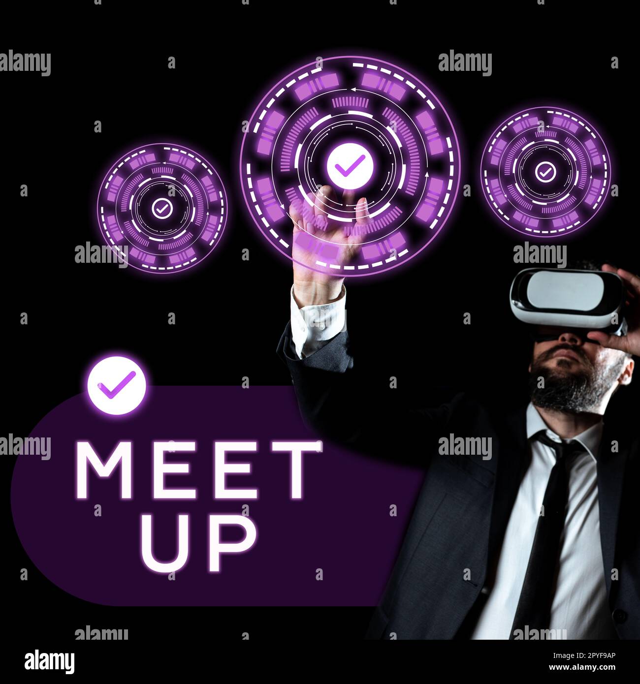 Cartello con la scritta Meet Up. Parola scritta sulla riunione informale che riunisce il lavoro di squadra collaborazione di gruppo di discussione Foto Stock