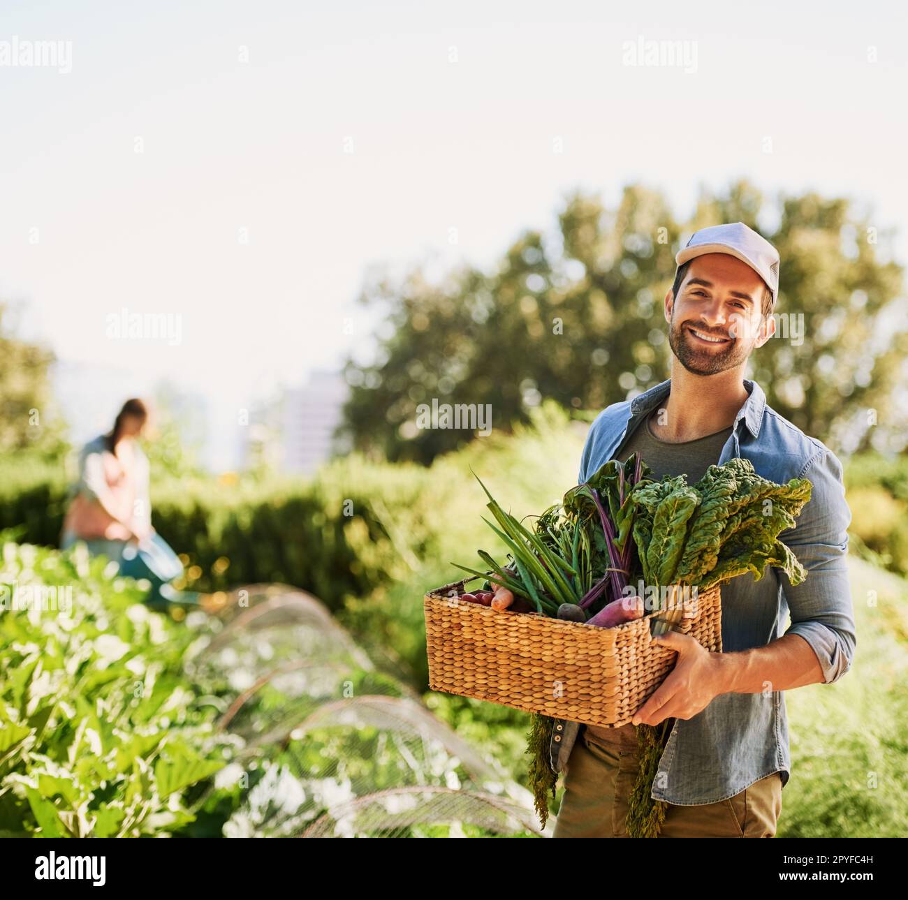 Noi cresciamo solo il meglio. Ritratto di un giovane contadino felice che raccoglie erbe e verdure in un cestino della sua fattoria. Foto Stock