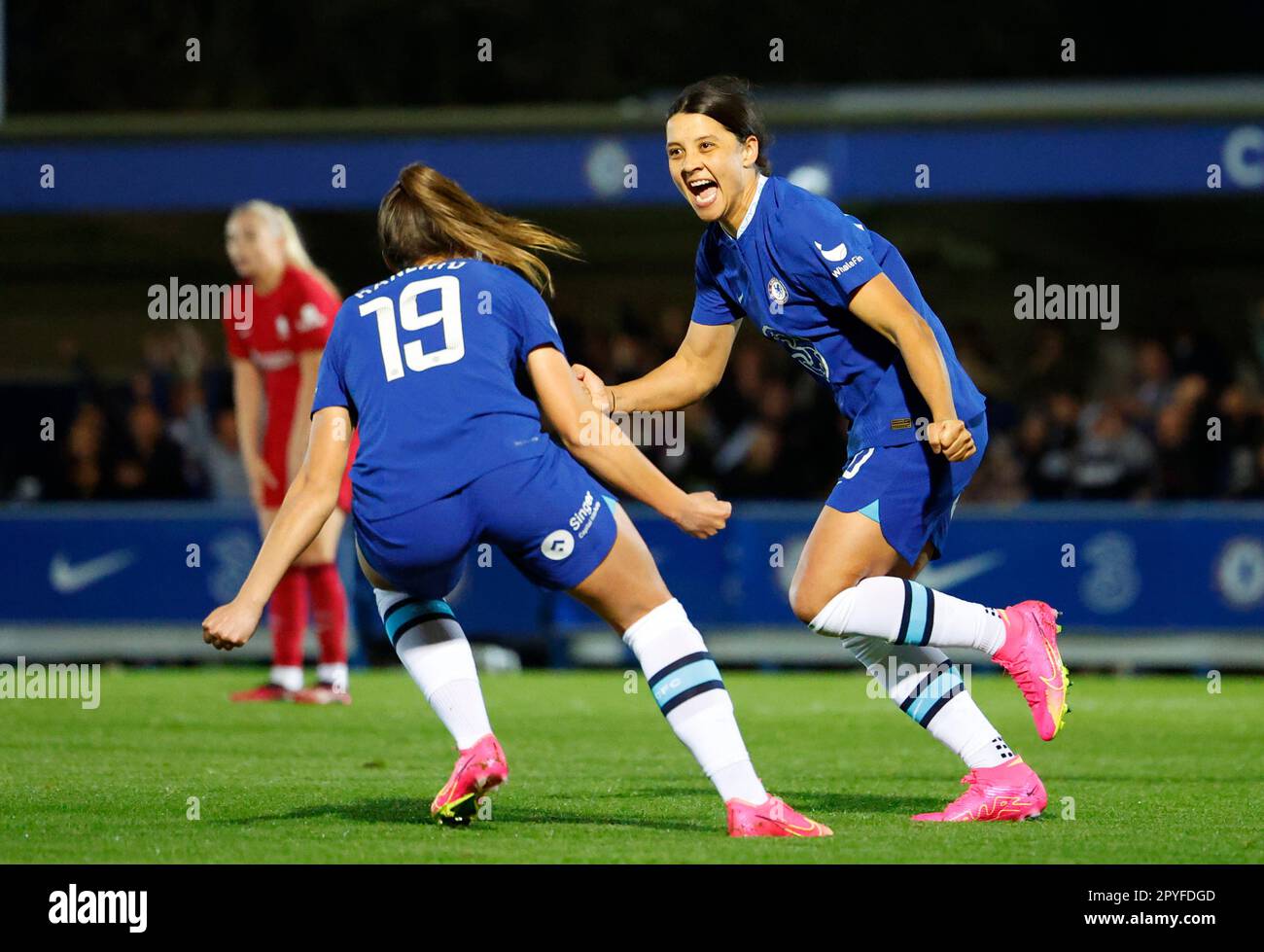 Londra, Regno Unito. 03rd maggio, 2023. Londra, Inghilterra, 3rd 2023 maggio: Sam Kerr (20 Chelsea) festeggia dopo aver segnato il secondo gol della sua squadra durante la partita di calcio della Super League di Barclays fa Women tra Chelsea e Liverpool a Kingsmeadow a Londra, Inghilterra. (James Whitehead/SPP) Credit: SPP Sport Press Photo. /Alamy Live News Foto Stock