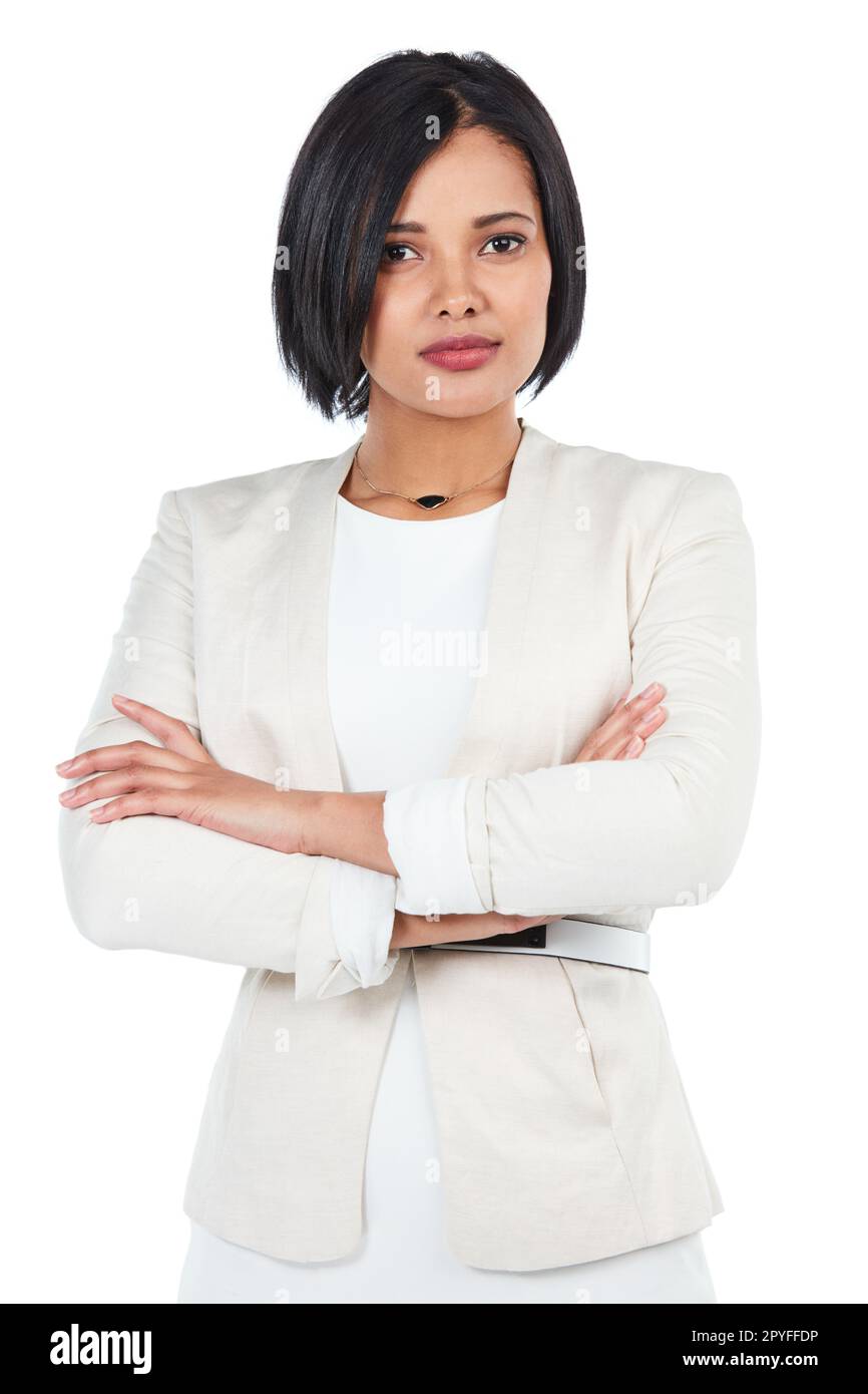 Progettato per il business come un capo. Studio shot di una giovane donna d'affari sicura che posa su uno sfondo bianco. Foto Stock