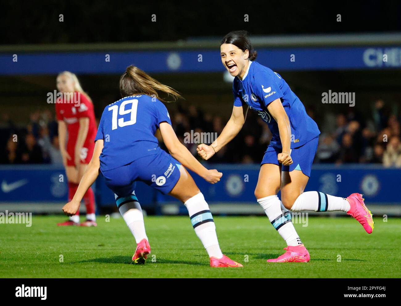 Londra, Regno Unito. 03rd maggio, 2023. Londra, Inghilterra, 3rd 2023 maggio: Sam Kerr (20 Chelsea) festeggia dopo aver segnato il secondo gol della sua squadra durante la partita di calcio della Super League di Barclays fa Women tra Chelsea e Liverpool a Kingsmeadow a Londra, Inghilterra. (James Whitehead/SPP) Credit: SPP Sport Press Photo. /Alamy Live News Foto Stock