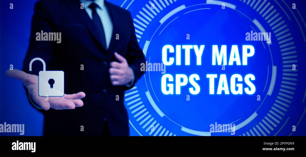 Scrittura visualizzazione testo Mappa città Tag GPS. Concetto che significa sistema di posizionamento globale posizione dei luoghi nelle città Foto Stock