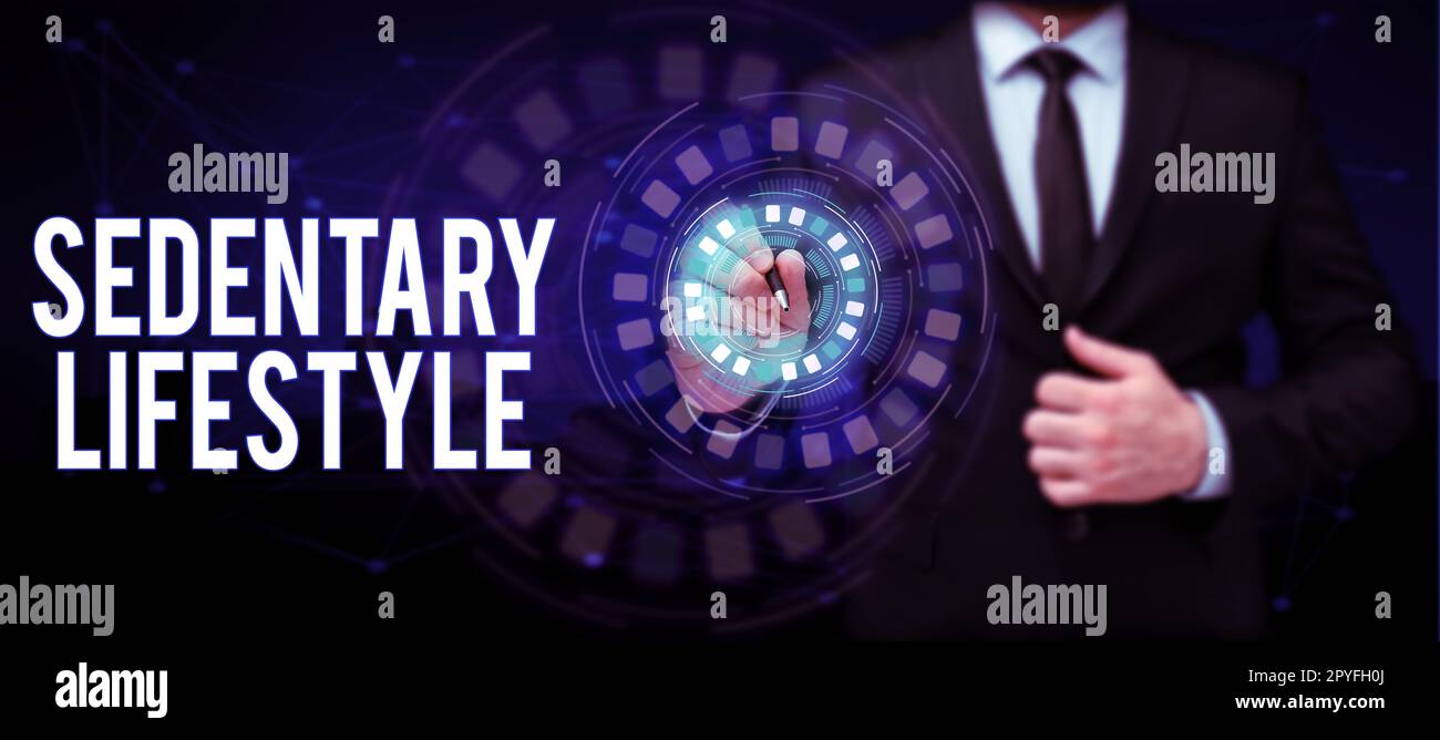 Scrittura a mano testo stile di vita sedentario. Parola per i sensi e i mezzi di vita coinvolti in molto seduta e attività fisica bassa Foto Stock