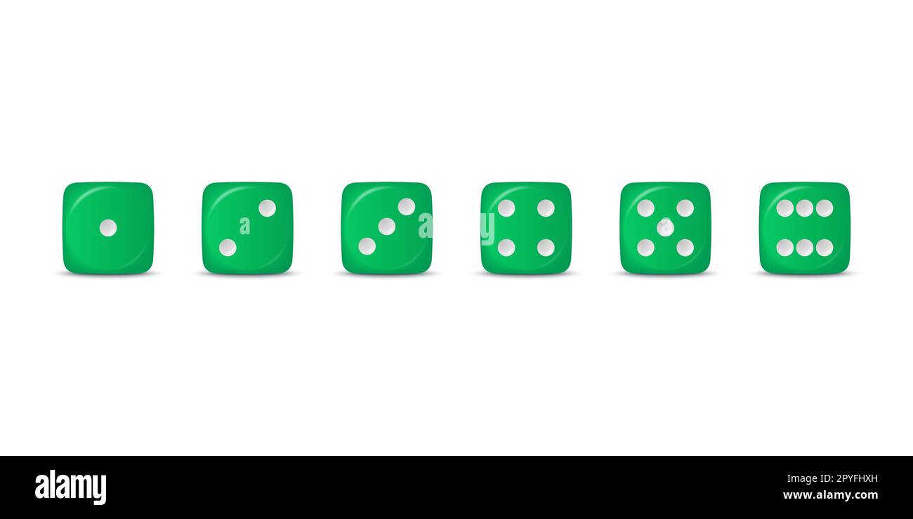 Vector 3D gioco realistico verde icona dadi Set Closeup isolato su sfondo bianco. Cubi di gioco per il gioco d'azzardo, dadi di casinò da uno a sei punti, Round e Foto Stock Vector 3D gioco realistico verde icona dadi Set Closeup isolato su sfondo bianco. Cubi di gioco per il gioco d'azzardo, dadi di casinò da uno a sei punti, Round e Foto Stock