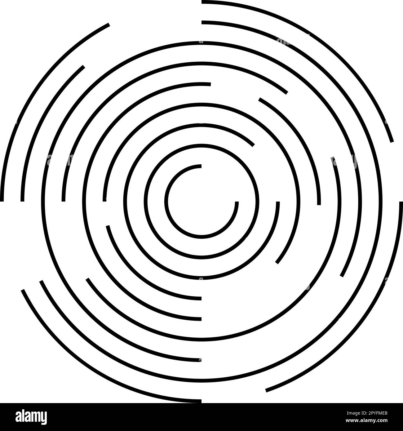 Cerchi concentrici con linee interrotte isolate su sfondo bianco. Icona di ondulazione circolare. Vortex, sonar wave, soundwave, sunburst, segnale acustico Illustrazione Vettoriale