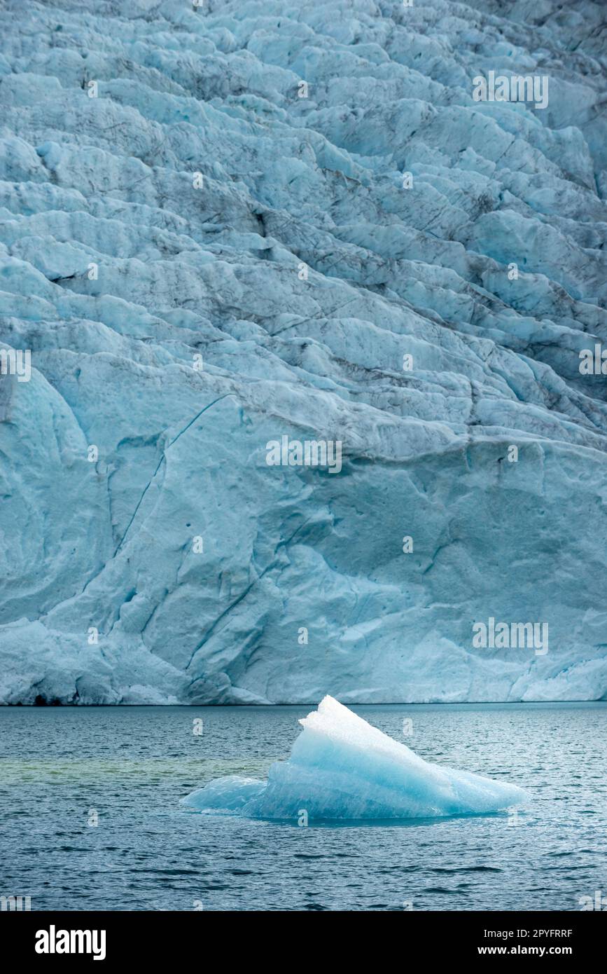L'iceberg galleggia nelle acque cristalline del lago Mosevatnet con il ghiacciaio Folgefonna sullo sfondo Foto Stock