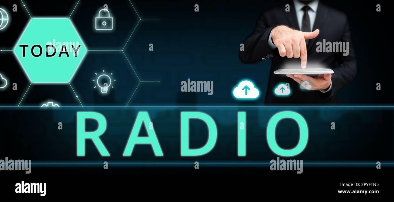 Segno di scrittura a mano radio. Panoramica aziendale trasmissione ricezione onde elettromagnetiche con messaggi sonori Foto Stock