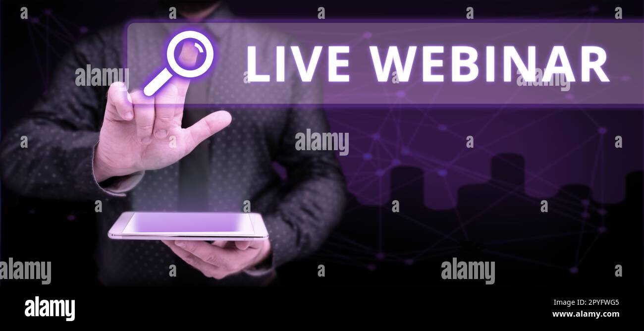 Webinar dal vivo con didascalia concettuale. Foto concettuale Seminario interattivo trasmesso sul web in tempo reale Foto Stock