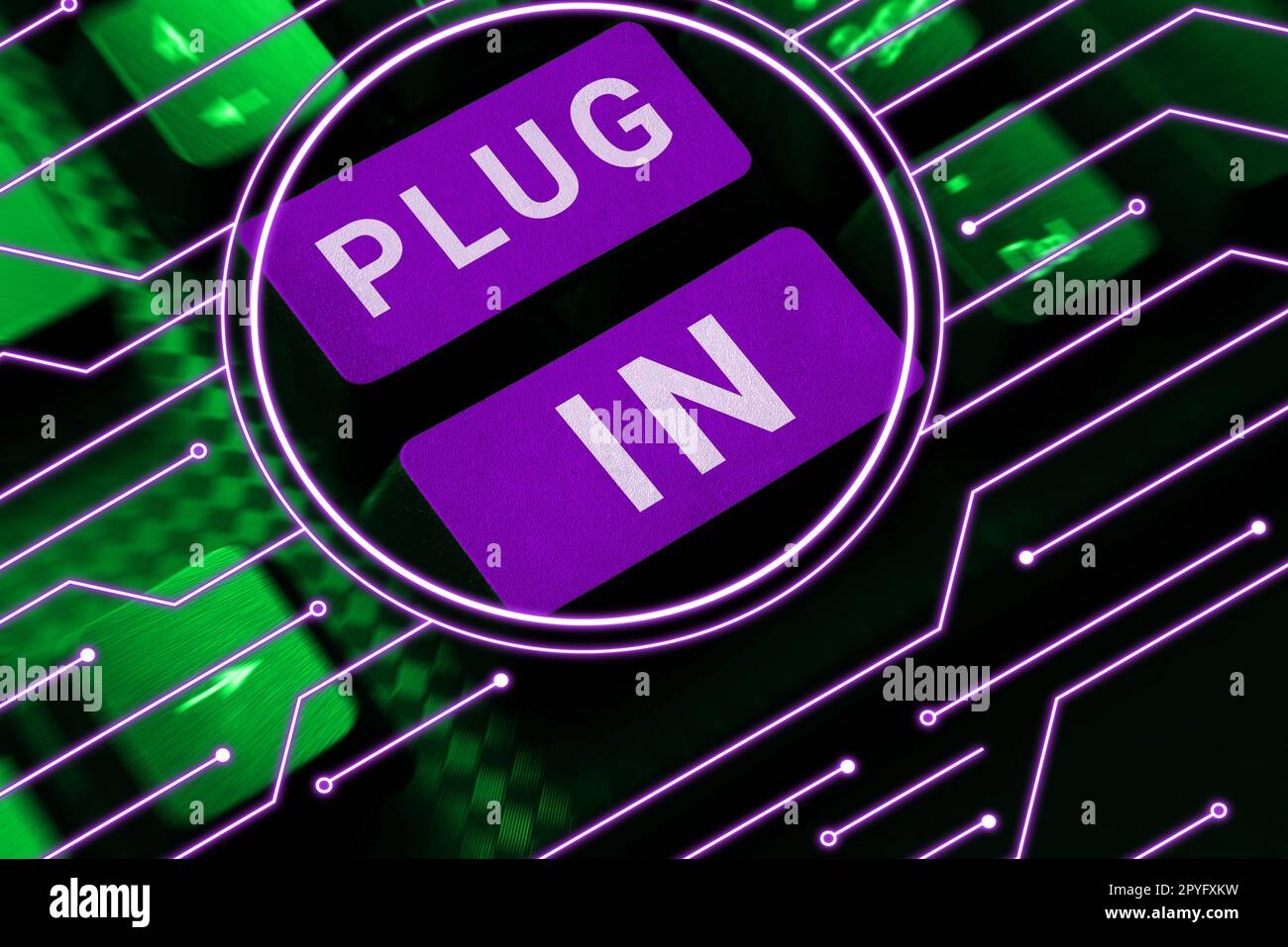 Plug-in per display concettuale. Concetto di Internet mettere il dispositivo in elettricità per accenderlo Power IT Connecting Foto Stock