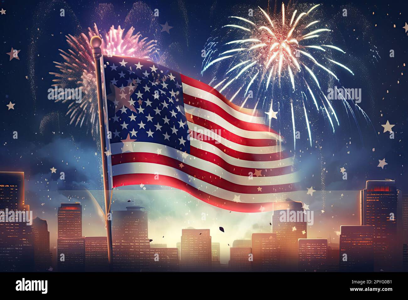 La bandiera americana sventola di notte con fuochi d'artificio sullo skyline della città americana. Quarto di luglio festa di giorno di indipendenza. Foto Stock