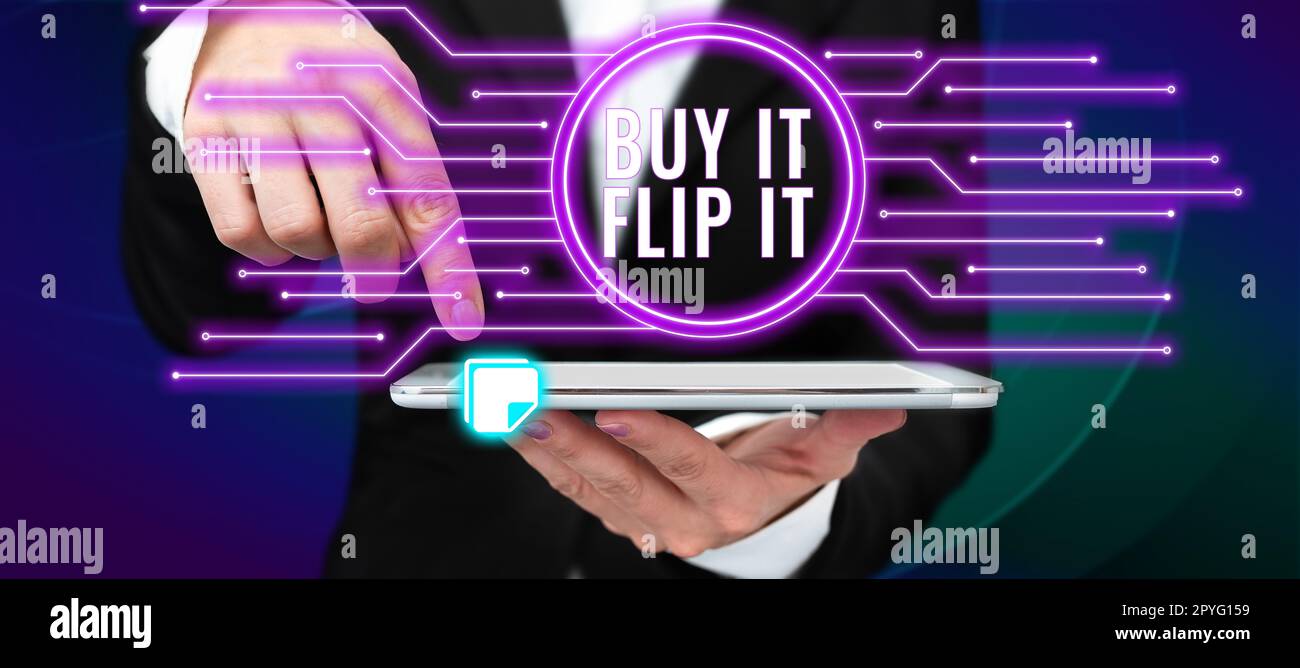 Testo scritto a mano compralo Flip it. Concetto di affari compri qualcosa li ripara allora li vende per più profitto Foto Stock