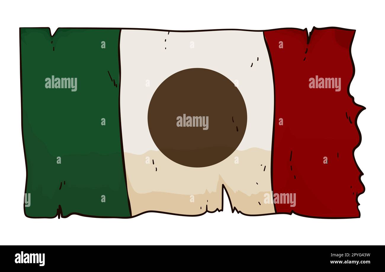 Bandiera tricolore messicana con effetto invecchiato e bordo strappato in stile cartoon. Illustrazione Vettoriale