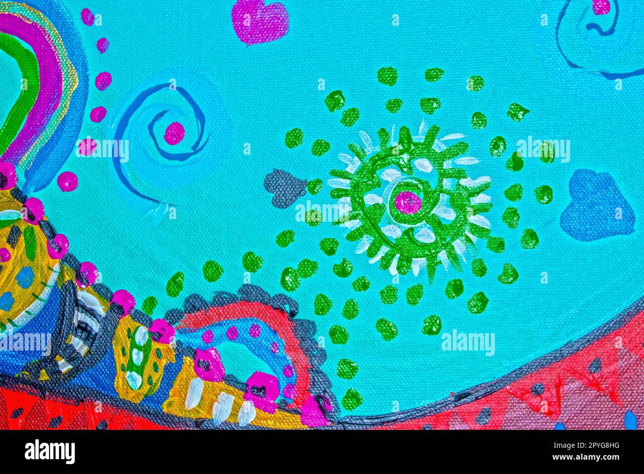 Sfondo - dipinto moderno, luminoso e primitivo, con vortici e cuori e dabs su superficie di tela testurizzata - turchese e rossi, verdi e blu Foto Stock