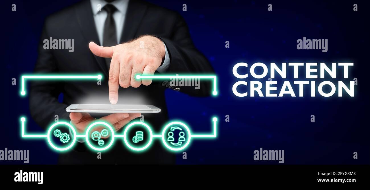 Visualizzazione concettuale creazione di contenuti. Parola per il contributo di informazioni a qualsiasi media digitale Foto Stock
