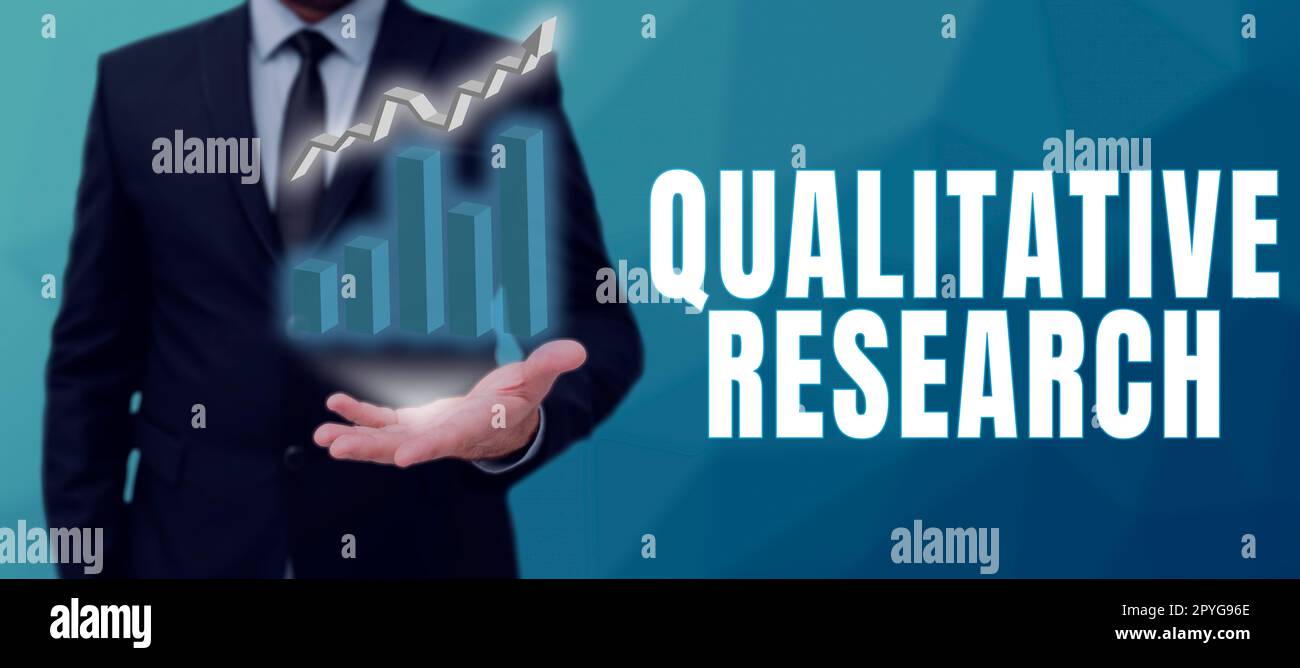 Segno di testo che mostra la ricerca qualitativa. Concetto che significa certificato per svolgere un lavoro competente con esperienza Foto Stock