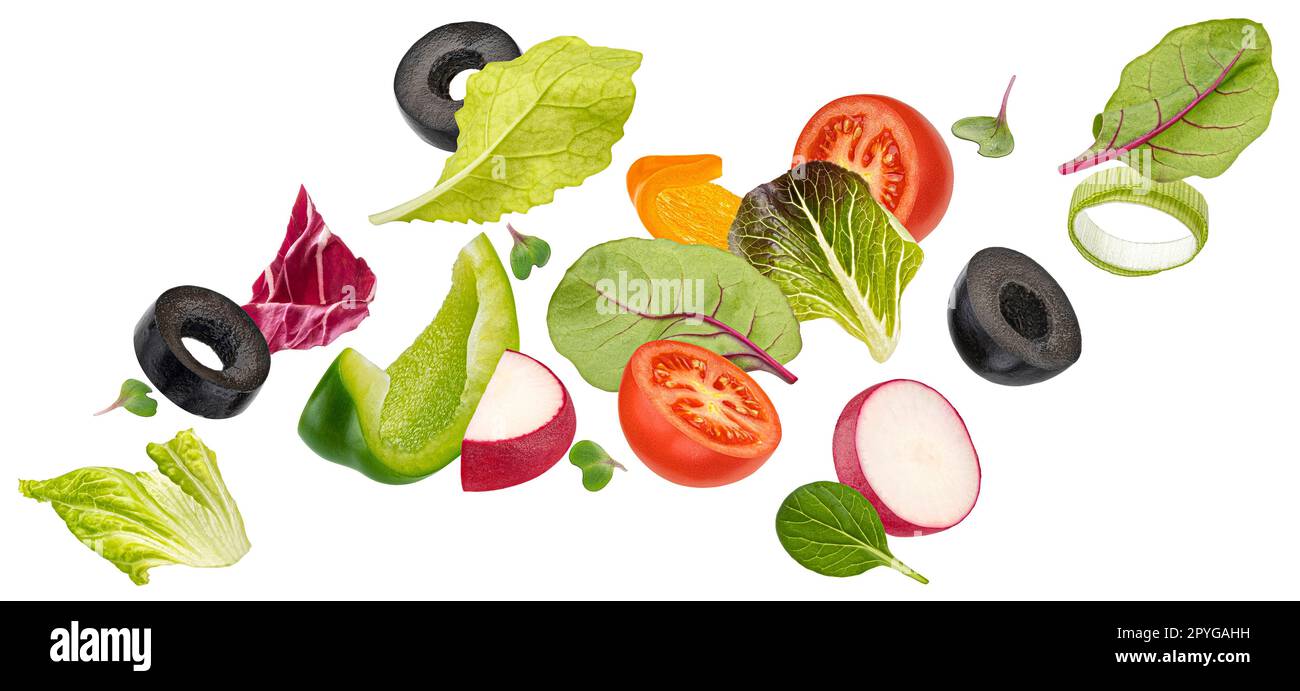 Verdure in caduta, insalata di peperone, pomodoro e lattuga Foto Stock