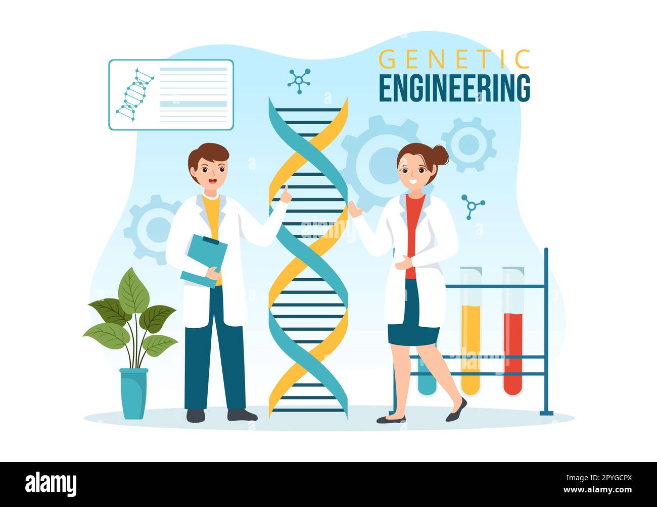 Ingegneria genetica e modificazioni del DNA Illustrazione con la ricerca genetica o gli scienziati di esperimento in modelli disegnati a mano di Cartoon piano Foto Stock