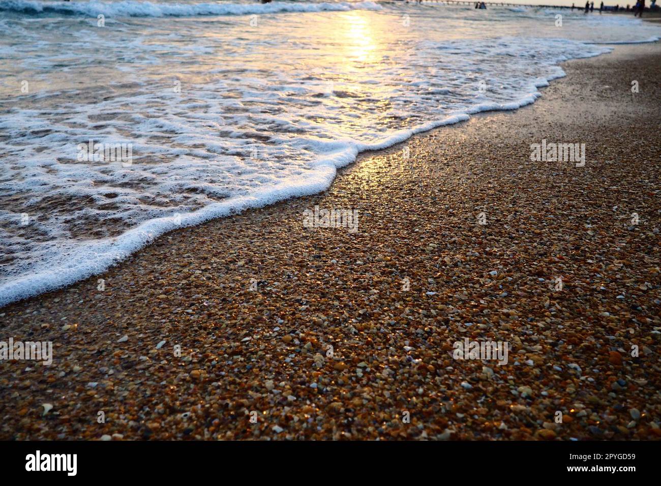 Le onde schiumose si infrangono sulla spiaggia sabbiosa. Tramonto sul mare. Bel tramonto. Luogo turistico, resort. I raggi del sole si riflettono dall'acqua. Spiaggia sabbiosa serale con conchiglie all'ora d'oro Foto Stock