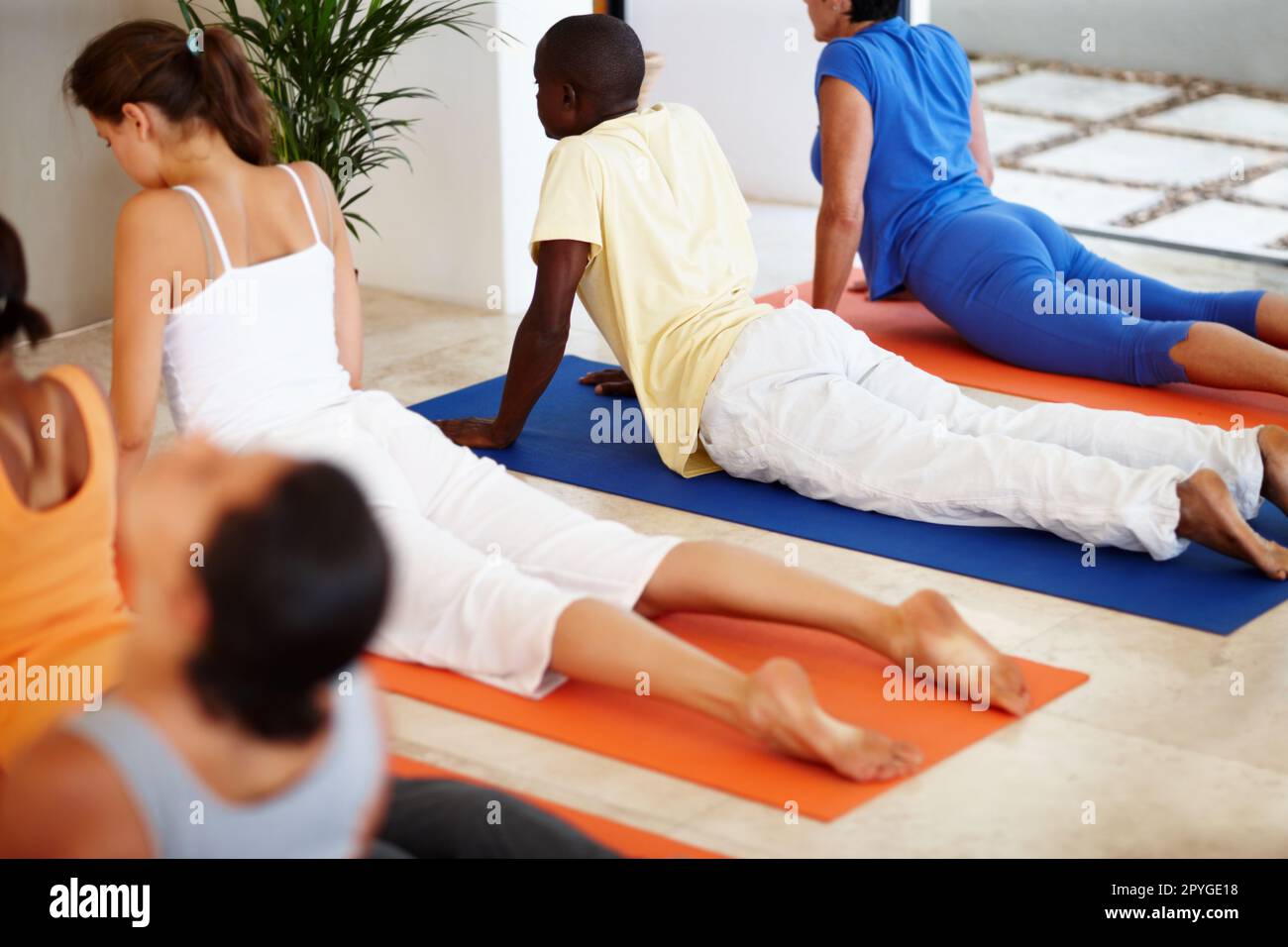 Scarico della sollecitazione. Un gruppo di persone che eseguono una routine in una lezione di yoga. Foto Stock