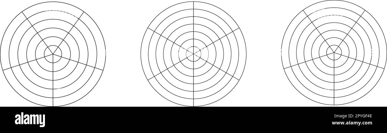 Diagrammi rotondi con cerchi concentrici divisi su settori uguali. Grafico radar a torta, ruota della vita o modello di tracker abitudini isolato su bianco Illustrazione Vettoriale