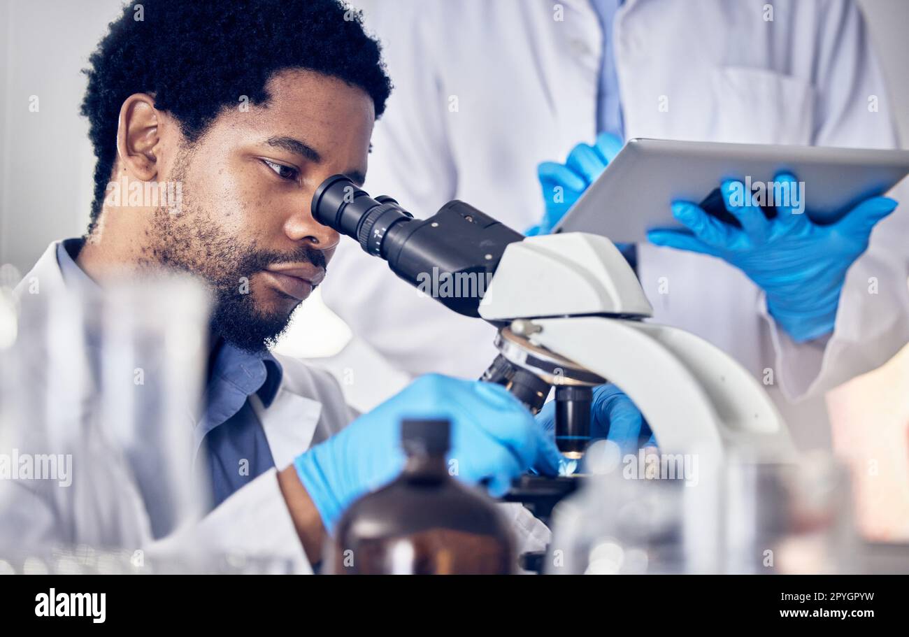 Uomo nero, scienziato e microscopio con ricerca scientifica in laboratorio, analisi dei dati ed esperto con innovazione scientifica o medica. Dottore di ricerca, viso e biotecnologia, chimica e studio in laboratorio Foto Stock